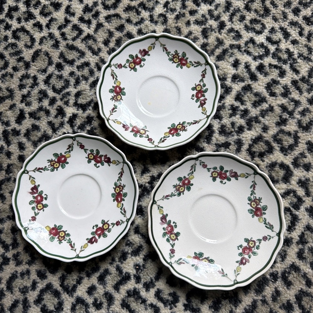 Royal Doulton SAUCER Set of 3 Floral Green Border Octagonal England VTG D2772